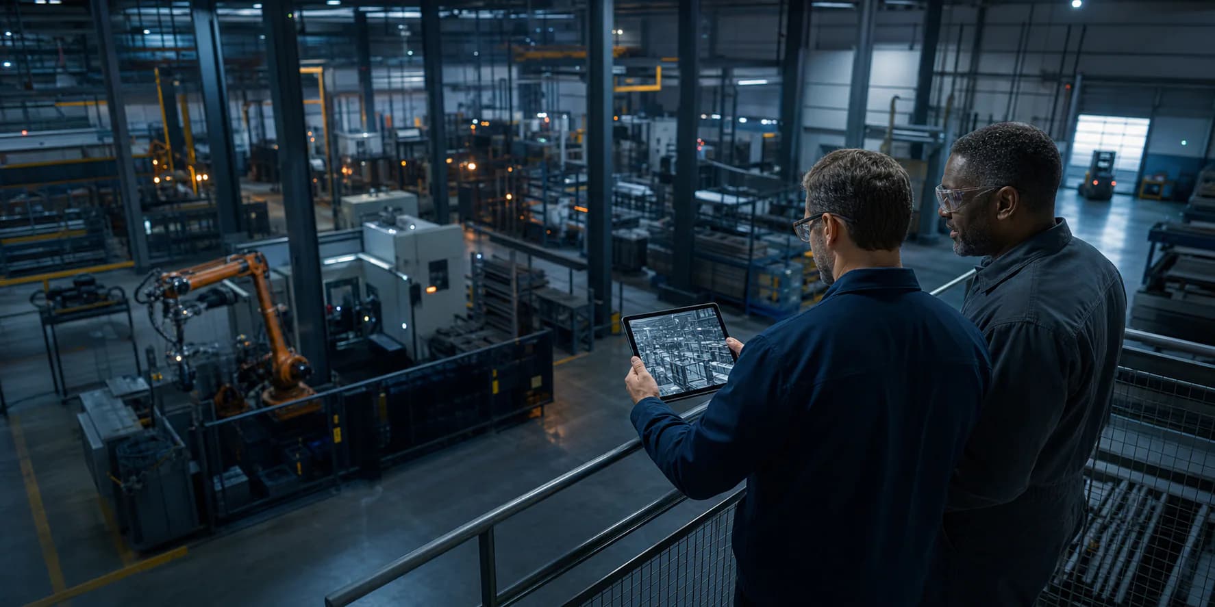 Industrial professionals reviewing operations from a modern plant mezzanine