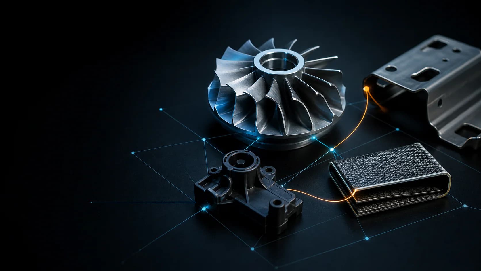 Precision-machined components connected by a restrained industrial evidence network