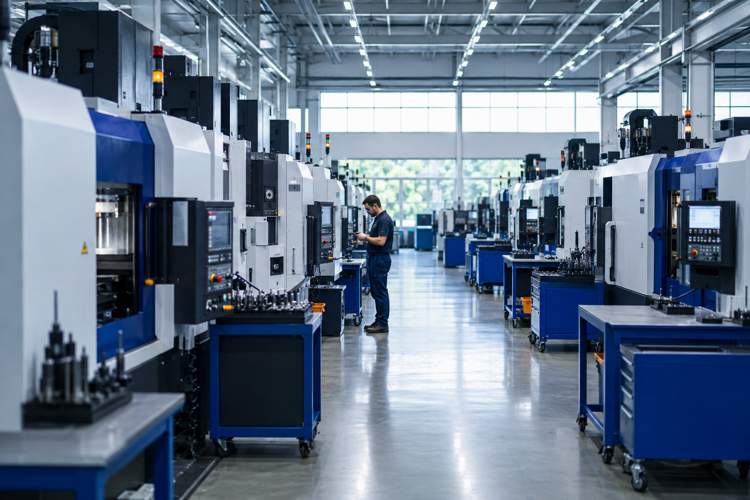 Rows of modern CNC machines in a bright manufacturing facility